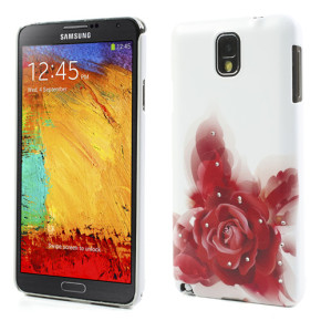 Твърд предпазен гръб за Samsung Galaxy Note 3 N9000 / N9005 бял с роза и камъни